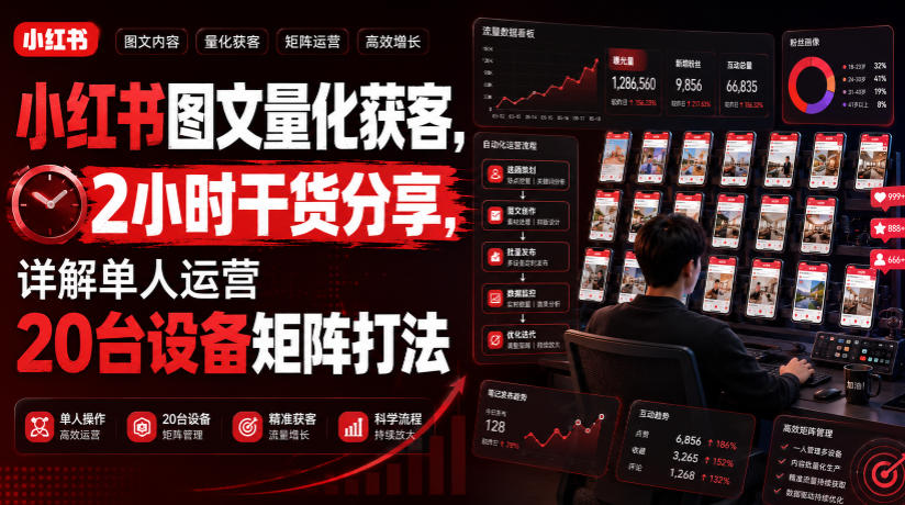 小红书图文量化获客，2小时干货分享，详解单人运营20台设备矩阵打法-52项目站