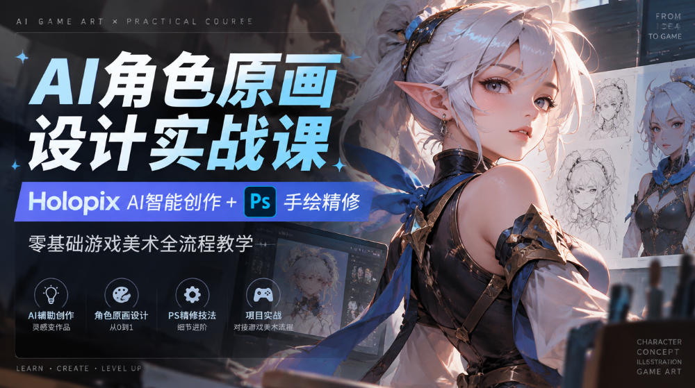 AI角色原画设计实战课|Holopix AI智能创作+PS手绘精修,零基础游戏美术全流程教学-52项目站