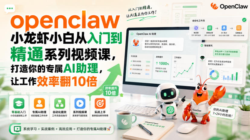openclaw小龙虾小白从入门到精通系列视频课，打造你的专属AI助理，让工作效率翻10倍-52项目站