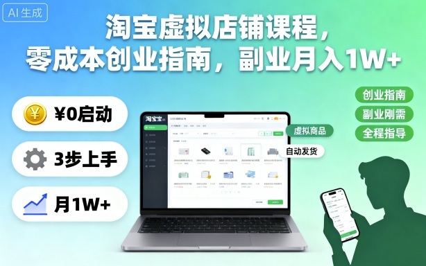 淘宝虚拟店铺课程,零成本创业指南,副业月入1W+-52项目站
