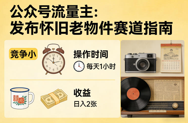 公众号流量主之发布怀旧老物件赛道，竞争小，每天操作1小时，日入2张-52项目站