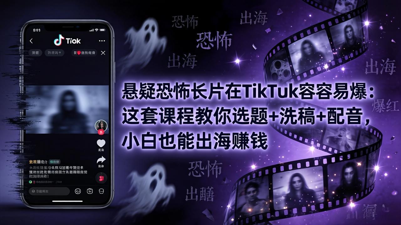 悬疑恐怖长片在TikTok最容易爆：这套课程教你选题+洗稿+配音，小白也能出海赚钱-52项目站