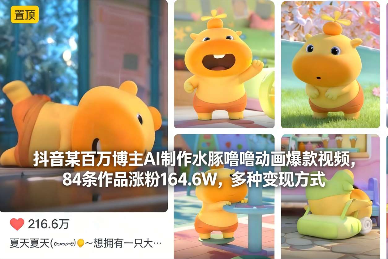 抖音某百万博主AI制作水豚噜噜动画爆款视频，84条作品涨粉164.6W，多种变现方式-52项目站