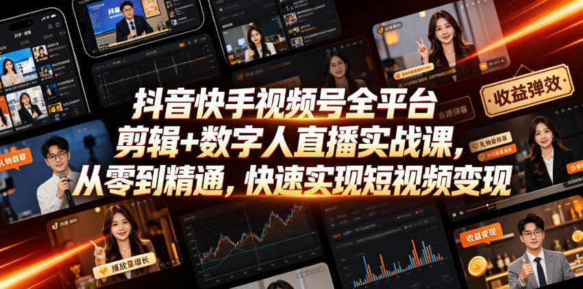 抖音快手视频号全平台剪辑+数字人直播实战课,从零到精通,快速实现短视频变现(更新2026年6月)-52项目站