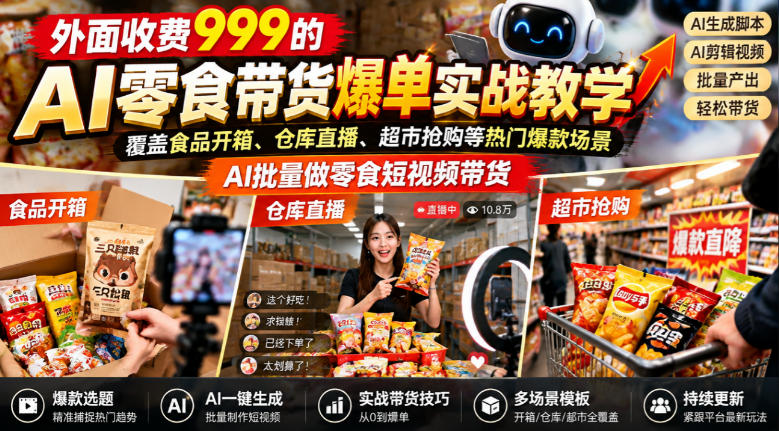 外面收费999的AI零食带货爆单实战教学，覆盖食品开箱、仓库直播、超市抢购等热门爆款场景，AI批量做零食短视频带货-52项目站