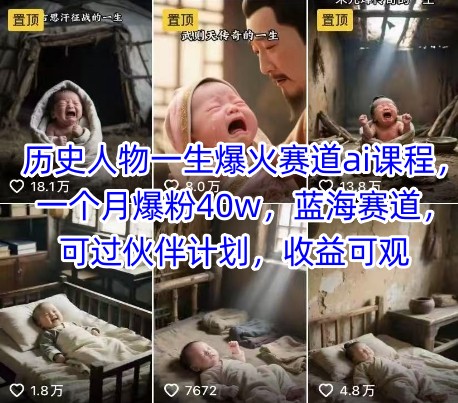历史人物一生爆火赛道ai课程，一个月爆粉40w，蓝海赛道，可过伙伴计划，收益可观-52项目站