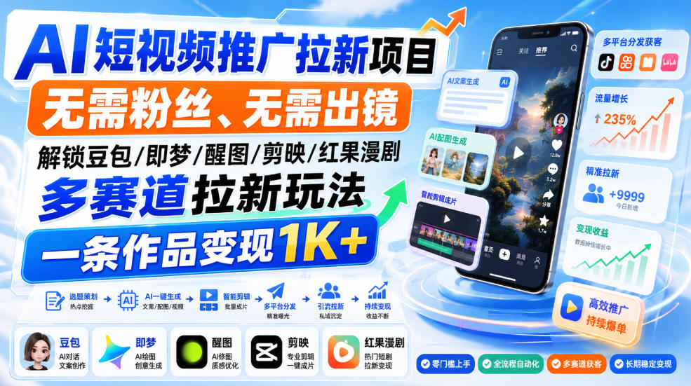 AI短视频推广拉新项目，无需粉丝、无需出镜，解锁豆包/即梦/醒图/剪映/红果漫剧多赛道拉新玩法，一条作品变现1K+-52项目站