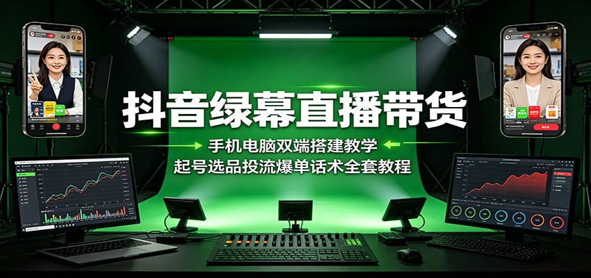 抖音绿幕直播带货：手机电脑双端搭建教学，起号选品投流爆单话术全套教程-52项目站