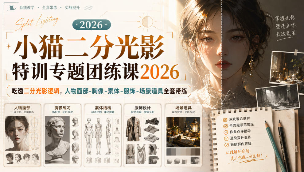 小猫二分光影特训专题团练课2026｜吃透二分光影逻辑，人物面部‑胸像‑素体‑服饰‑场景道具全套带练，高清画质附赠课件与笔刷-52项目站