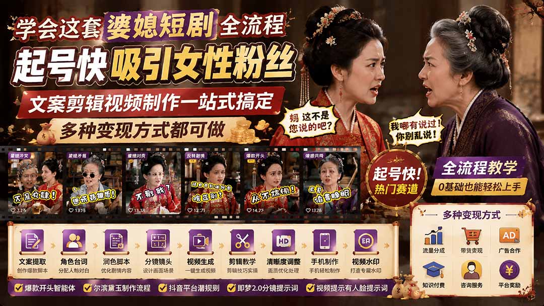 学会这套婆媳短剧全流程：起号快吸引女性粉丝，文案剪辑视频制作一站式搞定，多种变现方式都可做-52项目站