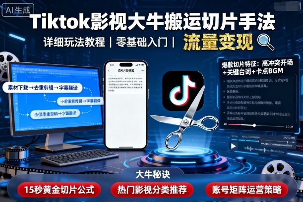 Tiktok影视大牛搬运切片手法，详细玩法教程-52项目站