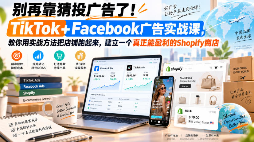 别再靠猜投广告了!TikTok+Facebook广告实战课,教你用实战方法把店铺跑起来,建立一个真正能盈利的Shopify商店【原创双语字幕】-52项目站