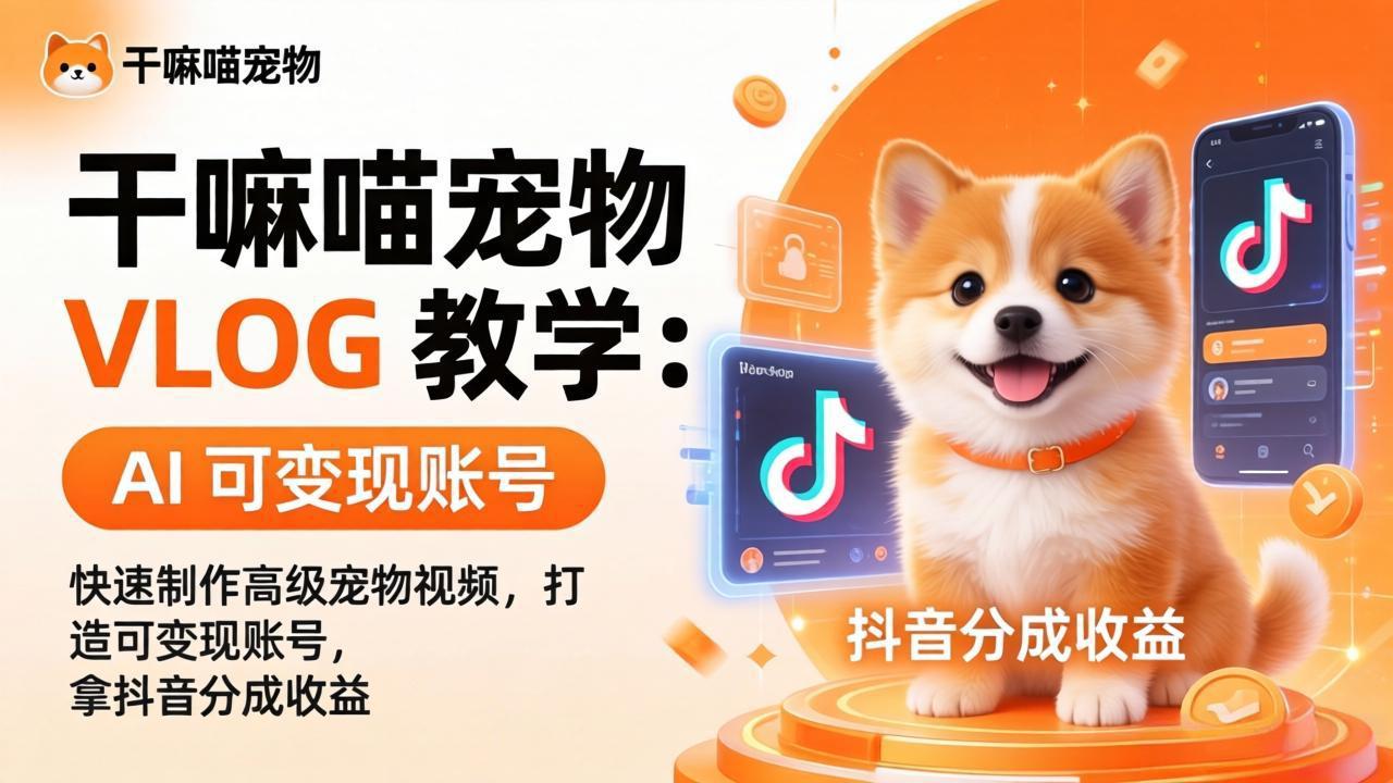 干嘛喵宠物 VLOG 教学：AI 快速制作高级宠物视频，打造可变现账号，拿抖音分成收益-52项目站