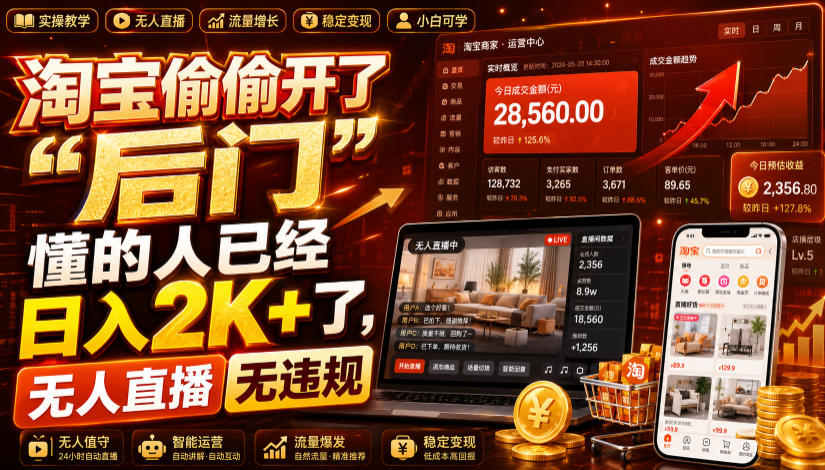 淘宝偷偷开了“后门”，懂的人已经日入2K+了，无人直播无违规，一台电脑=一家24小时营业的线上门店【揭秘】-52项目站