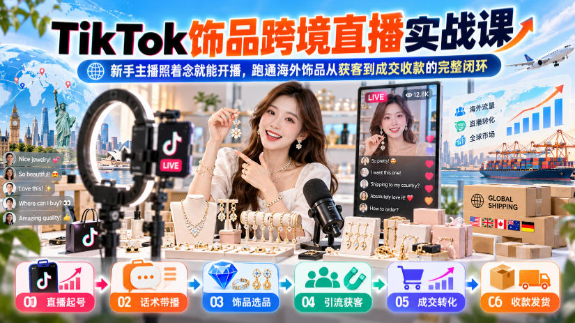 TikTok饰品跨境直播实战课，新手主播照着念就能开播，跑通海外饰品从获客到成交收款的完整闭环-52项目站