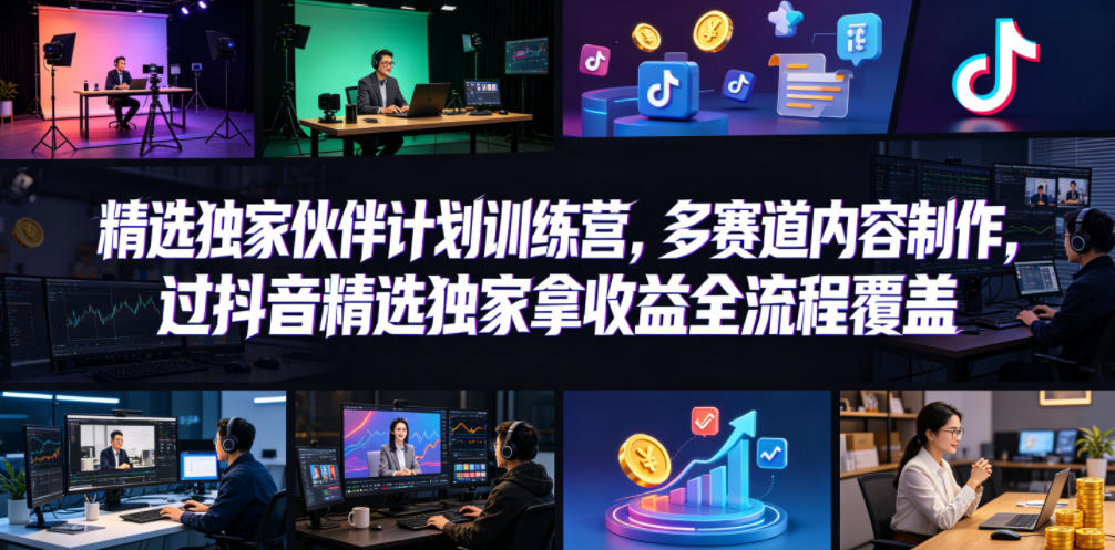 小豁食堂精选独家伙伴计划训练营，多赛道内容制作，过抖音精选独家拿收益全流程覆盖-52项目站
