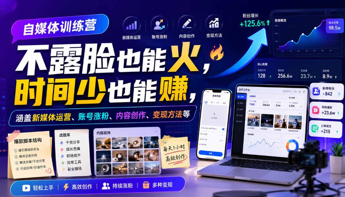 自媒体训练营，不露脸也能火，时间少也能賺，涵盖新媒体运营、账号涨粉、内容创作、变现方法等-52项目站