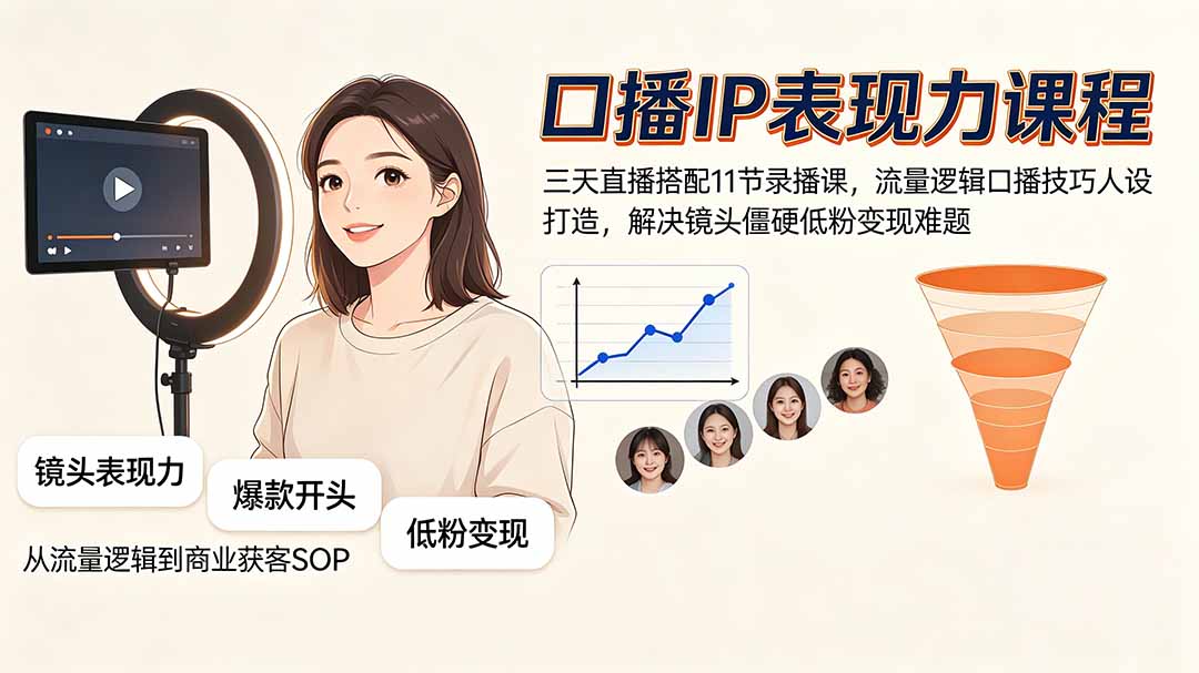 口播IP表现力课程｜三天直播搭配11节录播课，流量逻辑口播技巧人设打造，解决镜头僵硬低粉变现难题-52项目站