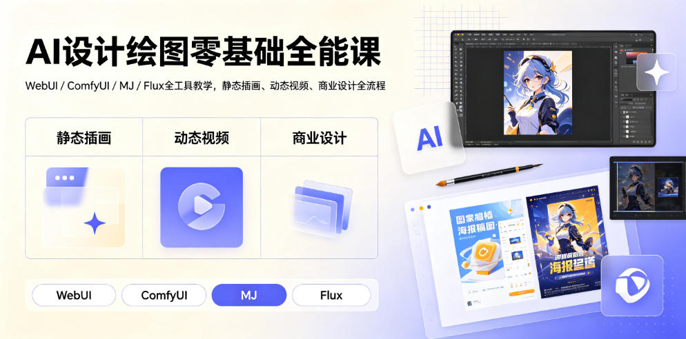AI设计绘图零基础全能课｜WebUI/ComfyUI/MJ/Flux全工具教学，静态插画、动态视频、商业设计全流程-52项目站