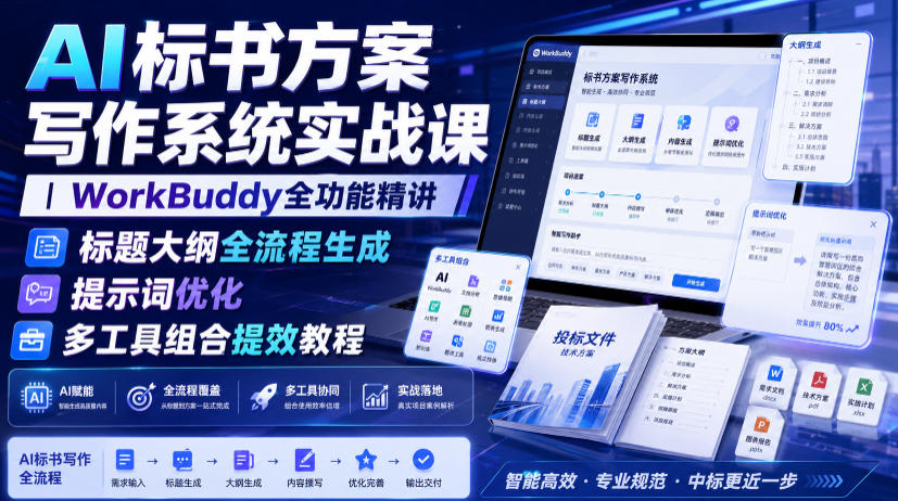 AI标书方案写作系统实战课｜WorkBuddy全功能精讲・标题大纲全流程生成・提示词优化・多工具组合提效教程-52项目站