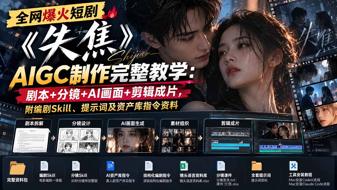 全网爆火短剧《失焦》AIGC制作完整教学：剧本+分镜+AI画面+剪辑成片，附编剧Skill、提示词及资产库指令资料-52项目站