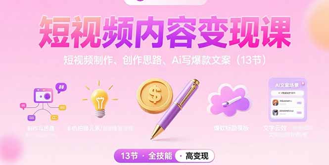 短视频内容变现课：短视频制作、创作思路、Ai写爆款文案(13节-52项目站