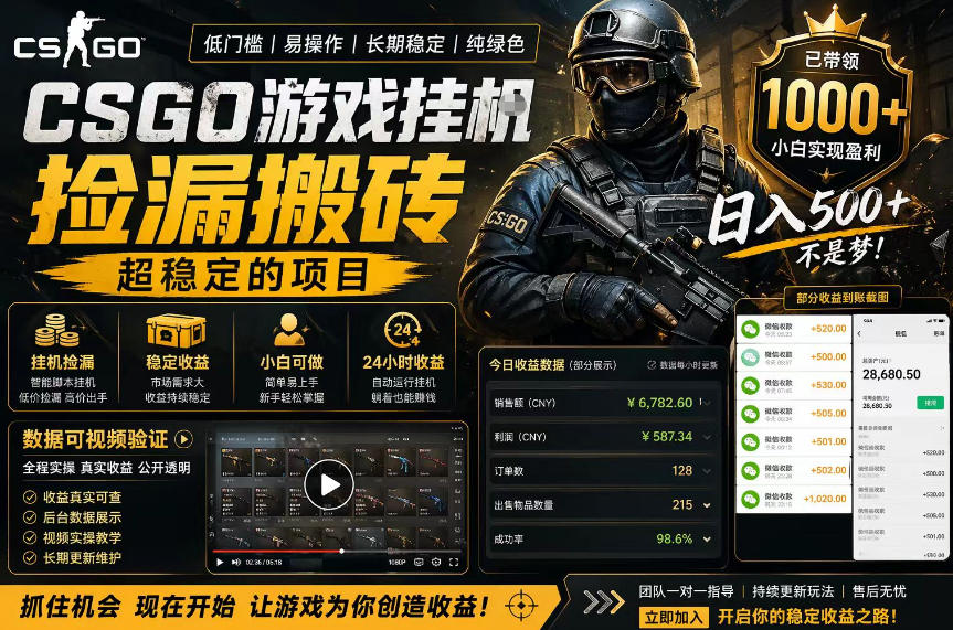 CSGO游戏搬砖，全自动挂G，不需要玩游戏，手机操作日入300+，解放双手【揭秘】-52项目站
