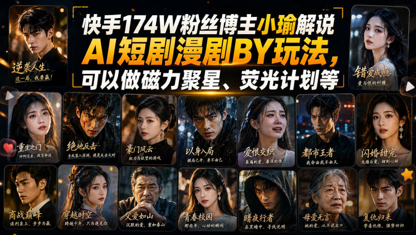快手174W粉丝博主小瑜解说AI短剧漫剧搬运玩法，可以做磁力聚星、荧光计划等-52项目站