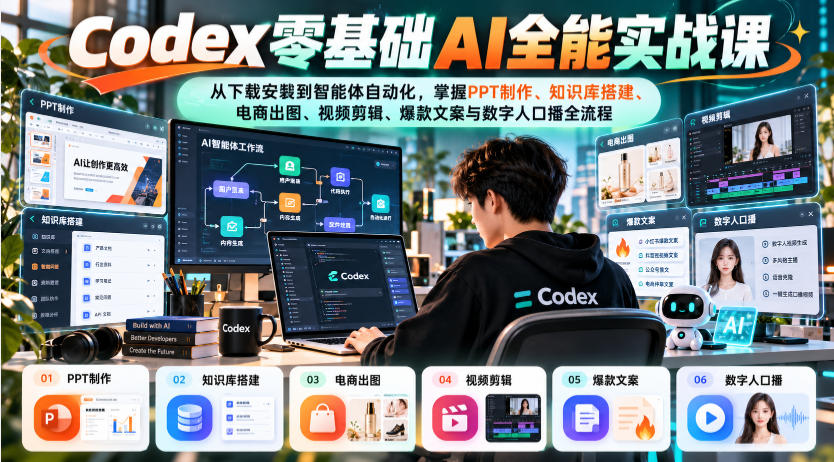 Codex零基础AI全能实战课：从下载安装到智能体自动化，掌握知识库搭建、电商出图、视频剪辑、爆款文案与数字人口播全流程-52项目站