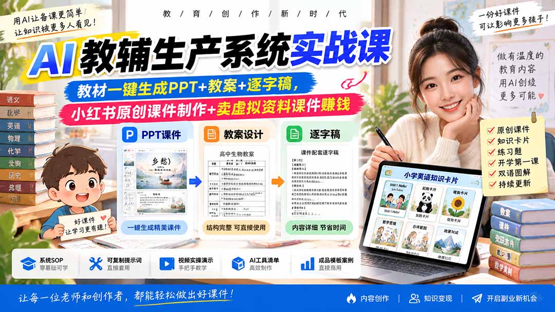AI教辅生产系统实战课|教材一键生成PPT+教案+逐字稿,小红书原创课件制作+卖虚拟资料课件赚钱-52项目站