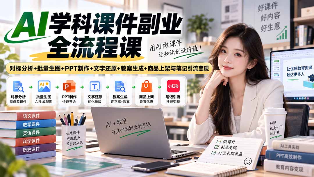 AI学科课件副业全流程课｜对标分析+批量生图+PPT制作+文字还原+教案生成+商品上架与笔记引流变现-52项目站