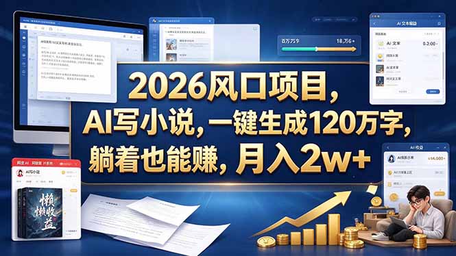 2026 风口项目，AI 写小说，一键生成 120 万字，躺着也能赚，月入 2w +-52项目站
