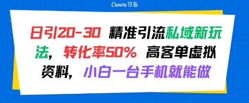 日引 20-30 精准引流私域新玩法,转化率50% 高客单虚拟资料,小白一台手机就能做-52项目站