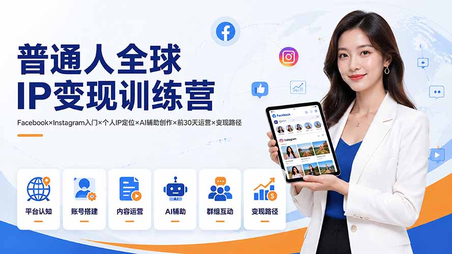 普通人全球IP变现训练营：Facebook×Instagram入门×个人IP定位×AI辅助创作×前30天运营×变现路径-52项目站