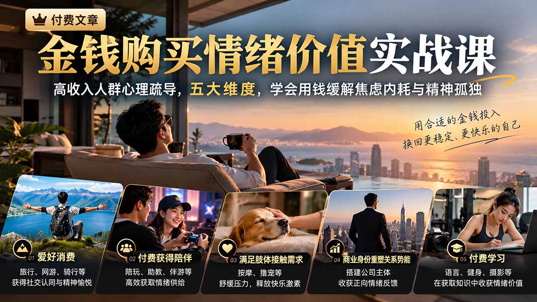 付费文章:金钱购买情绪价值实战课|高收入人群心理疏导,五大维度,学会用钱缓解焦虑内耗与精神孤独-52项目站