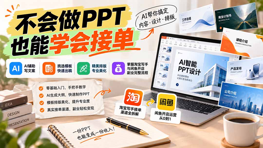 不会做PPT也能学会接单:AI辅助写文案、挑模板、做排版,掌握淘宝写手与闲鱼开店副业完整流程-52项目站