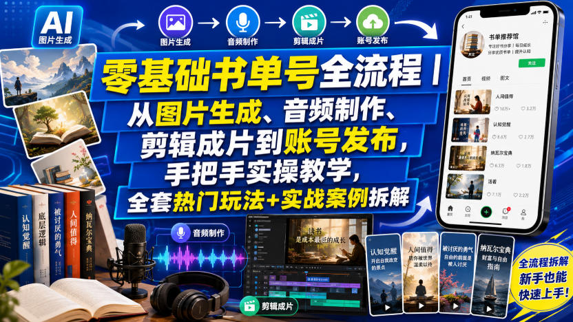 零基础书单号全流程｜从图片生成、音频制作、剪辑成片到账号发布，手把手实操教学，全套热门玩法+实战案例拆解-52项目站