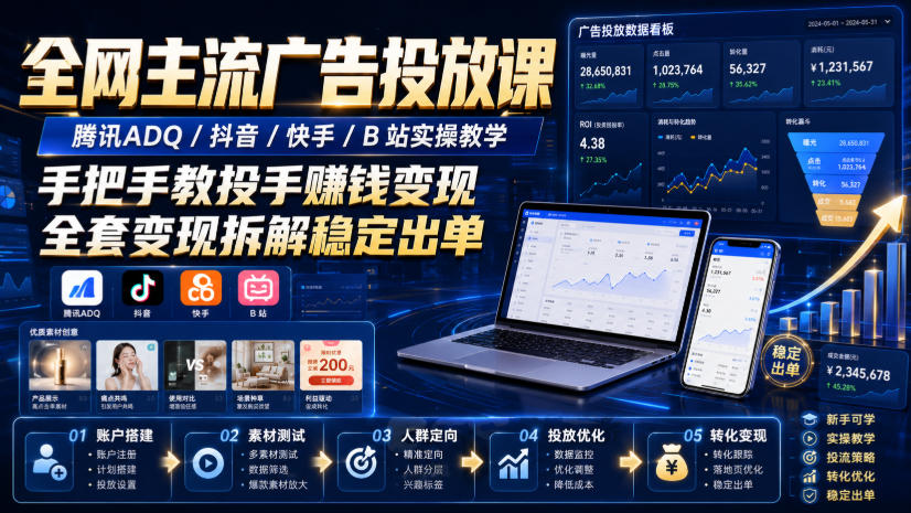 全网主流广告投放课，腾讯ADQ / 抖音 / 快手 / B 站实操教学，手把手教投手赚钱变现，全套变现拆解稳定出单-52项目站