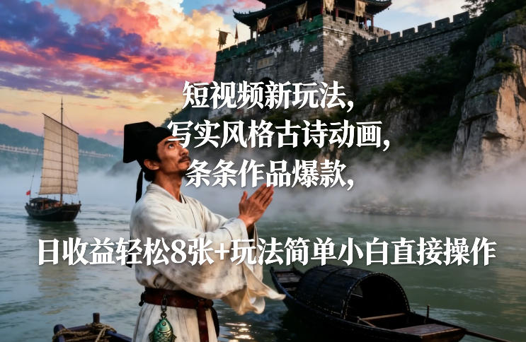 短视频新玩法，写实风格古诗动画，条条作品爆款，日收益轻松8张+玩法简单小白直接操作-52项目站