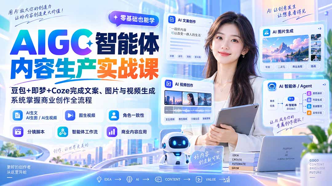 AIGC智能体内容生产实战课：豆包+即梦+Coze完成文案、图片与视频生成，系统掌握商业创作全流程-52项目站