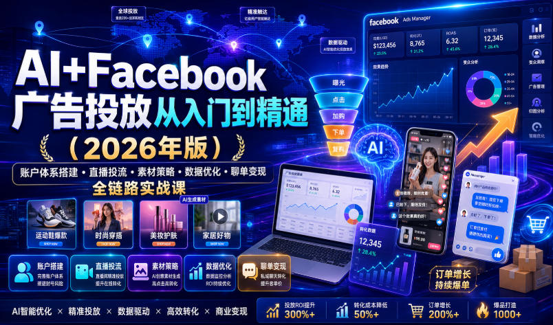 AI+Facebook广告投放从入门到精通(2026年版)｜账户体系搭建・直播投流・素材策略・数据优化・聊单变现全链路实战课-52项目站