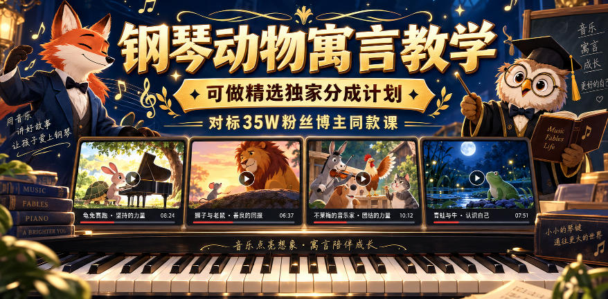 钢琴动物寓言教学，可做精选独家分成计划，对标35W粉丝博主同款课-52项目站