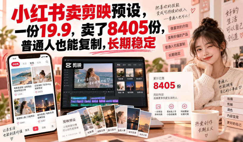 小红书卖剪映预设，一份19.9，卖了8405份，普通人也能复制，长期稳定-52项目站