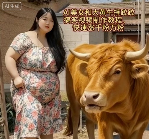 AI美女和大黄牛摔跤搞笑荒诞视频制作教程，快速涨千粉万粉-52项目站