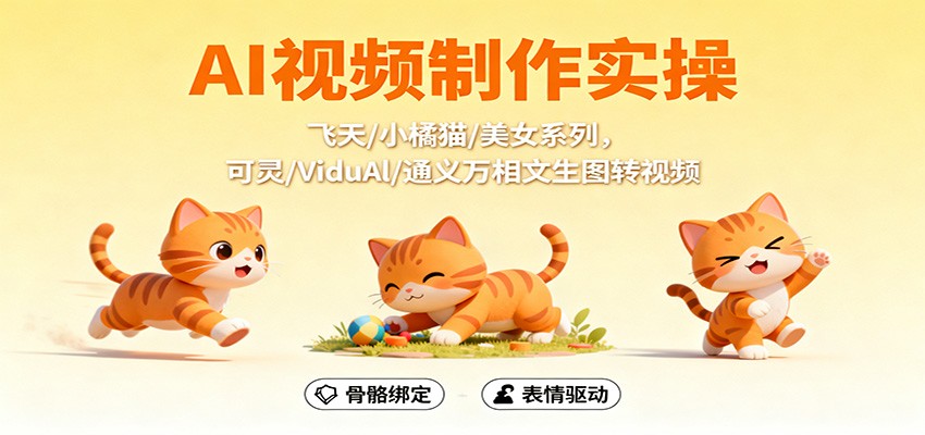 AI视频制作实操，飞天/小橘猫/美女系列，可灵/ViduAl/通义万相文生图转视频-52项目站
