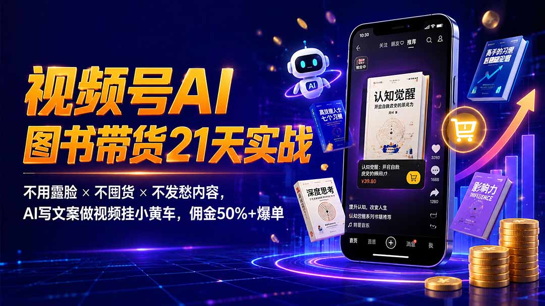 繁花视频号AI图书带货21天实战：不用露脸×不囤货×不发愁内容，AI写文案做视频挂小黄车，佣金50%+爆单-52项目站