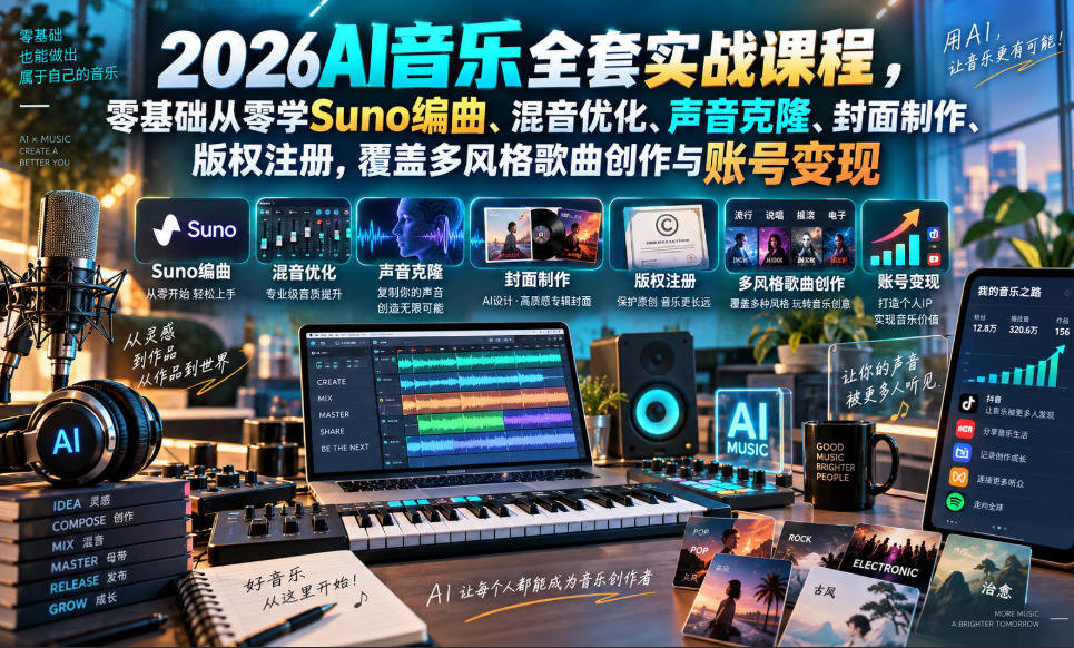 2026AI音乐实战课程，零基础从零学Suno编曲、混音优化、声音克隆、版权注册，覆盖多风格歌曲创作与账号变现-52项目站