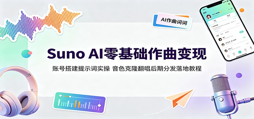 Suno AI零基础作曲变现：账号搭建提示词实操，音色克隆翻唱后期分发落地教程-52项目站
