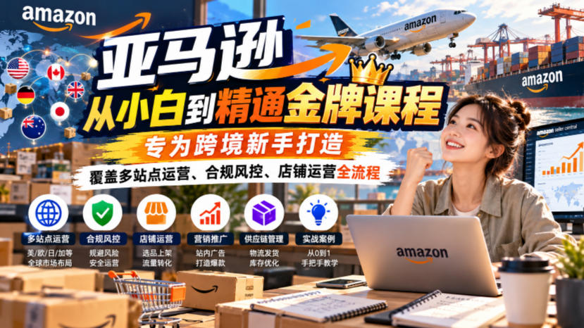 亚马逊从小白到精通金牌课程,专为跨境新手打造,覆盖多站点运营、合规风控、店铺运营全流程-52项目站