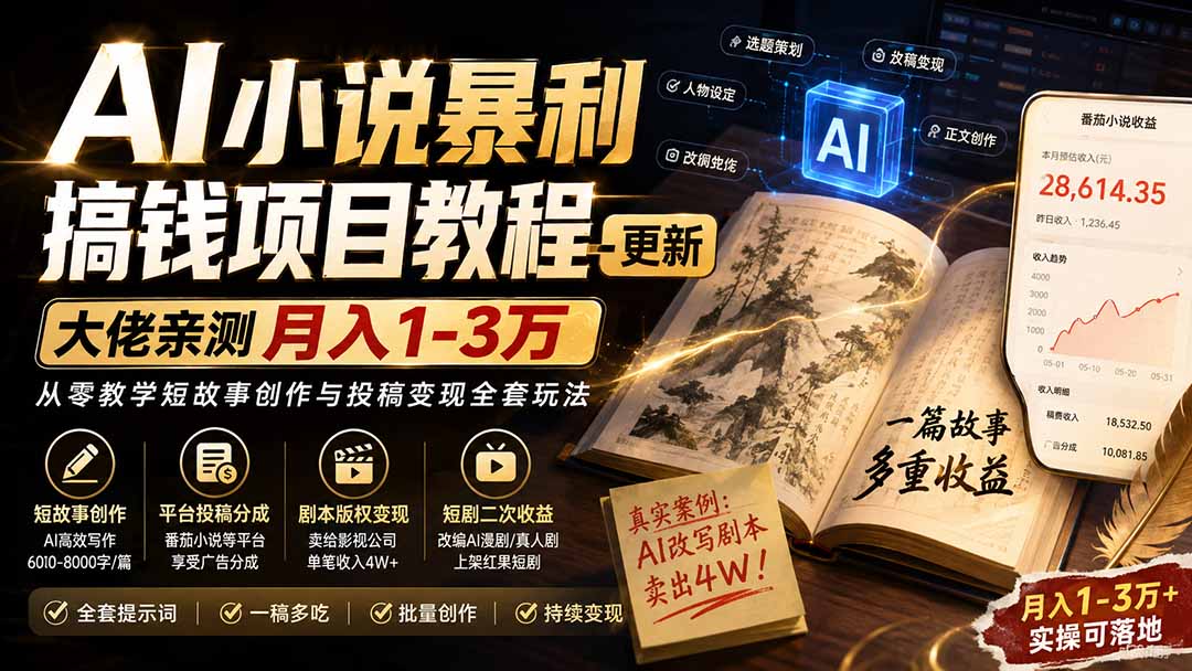 AI小说短故事暴利搞钱项目教程-更新，大佬亲测月入1-3万，从零教学短故事创作与投稿变现全套玩法-52项目站